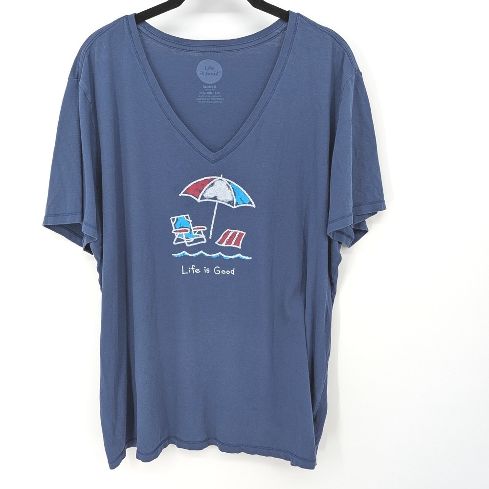 Life is Good T Shirt Women XXL Blue Beach America V-Neck Cotton Casual Lounge